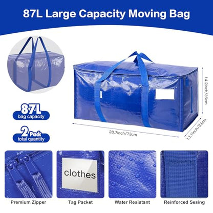 Extra Large Storage Bags, 23 Gallon Capacity, Waterproof Moving Totes with Handles and Label Pocket, Heavy Duty Zipper, Polypropylene Woven Fabric, Foldable Design (2 Pack Blue)