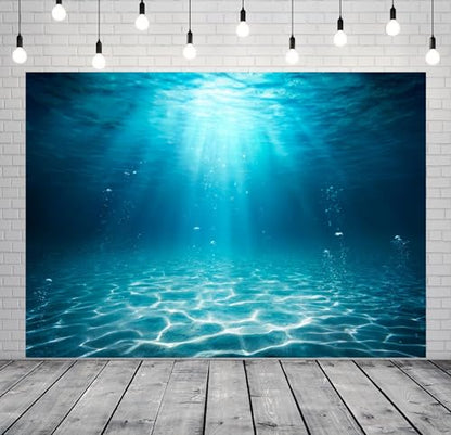 Fabric 7x5ft Blue Sea Underwater Backdrop Under the Sea Sunlight Seascape Background Through Water Surface Seabed Bubbles Background for Undersea Party Decor Mermaid Birthday Banner