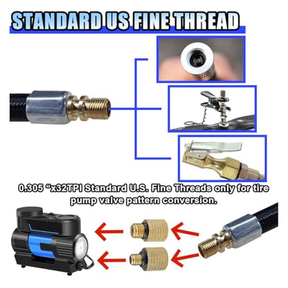 BDZMC Car Tire Inflator Hose Adapter, High-Pressure Air Compressor Hose, Lock-on Air Chuck Connector Extension Tube with Converting Nuts, Quick-Inflation Hose for Tire Pump