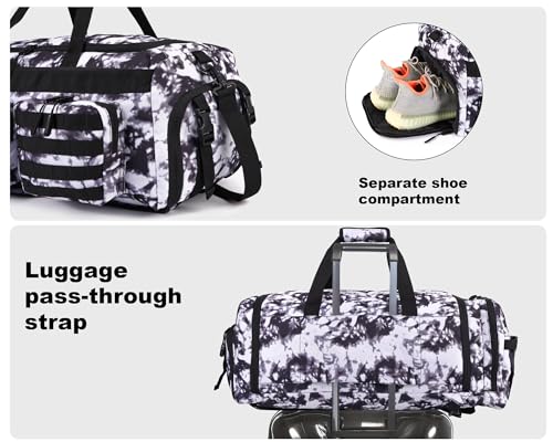 LHI 50L Tactical Duffle Bag for Men, 3-in-1 Gym Duffle and Backpack, Shoe Compartment, Laptop Sleeve and MOLLE, Carry-On Travel Weekender and Overnight Bag – Black and White - color: Black and White