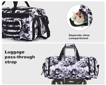 LHI 50L Tactical Duffle Bag for Men, 3-in-1 Gym Duffle and Backpack, Shoe Compartment, Laptop Sleeve and MOLLE, Carry-On Travel Weekender and Overnight Bag – Black and White - color: Black and White