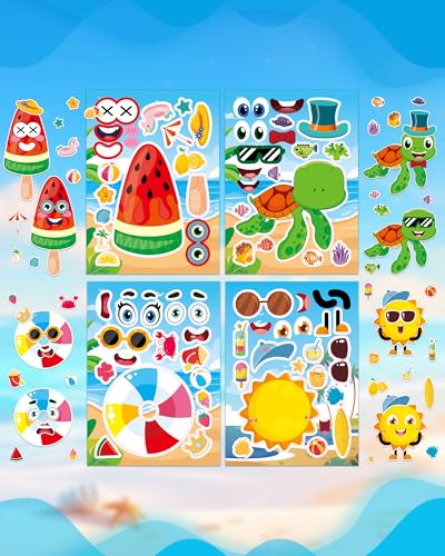 48 Sheets Summer Fun Make-a-Face Sticker Set for Kids – Create Your Own Faces with Beach, Tropical & Animal Stickers – Ideal Summer Crafts, Party Favors & Creative Activities - style: Summer Vibe