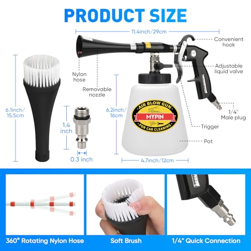 MYPIN Car Cleaning Gun Kit, 6-9.2Bar, High Pressure Air Blow Gun with 2 Set Nozzle, Interior Car Cleaning for Vehicle Upholstery Carpet Seat - color: Black, with Bottle