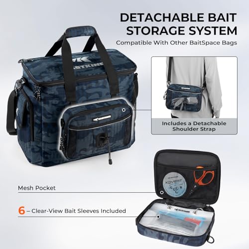 KastKing BaitSpace Fishing Tackle Bag With 4 Tackle Boxes & Removable Bait Binder, Water-Resistant Tackle Storage, Durable Fishing Gear, Adjustable Shoulder Strap - color: F: Blue Camo, size: Large - 4*3600 Trays
