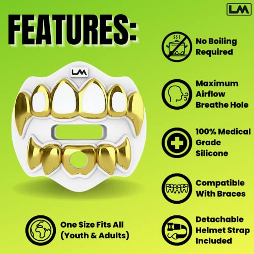 Loudmouth Football Mouth Guard for Youth & Adult - 3D Chrome Grillz White Gold Teeth Mouthpiece with Strap, No-Boil Braces-Friendly Sports Mouthguard (Chrome White/Gold) - color: 3d Grillz - Chrome White/Gold