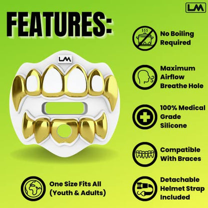 Loudmouth Football Mouth Guard for Youth & Adult - 3D Chrome Grillz White Gold Teeth Mouthpiece with Strap, No-Boil Braces-Friendly Sports Mouthguard (Chrome White/Gold) - color: 3d Grillz - Chrome White/Gold