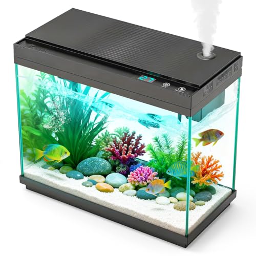 Smart Aquarium Fish Tank with Silent Water Pump, 2.4 Gallon Small Aquarium with Quick Start Kit, Temperature Display, Humidifier and RGB Lights, Perfect for Home, Office, and Decor, Black - color: 2.4 Gallon-Black