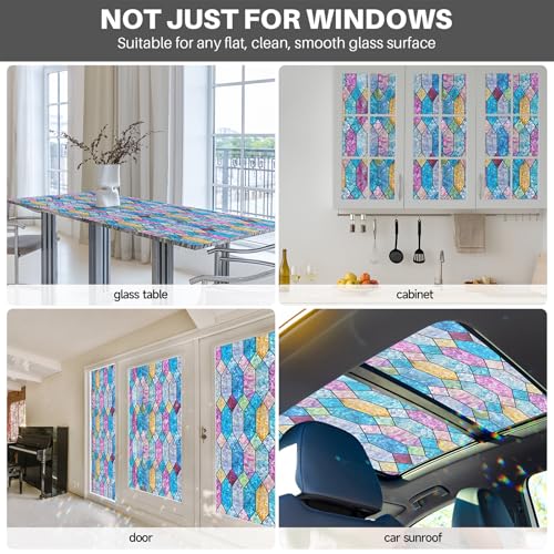 Window Privacy Film, Rainbow Decorative Stained Glass Window Film, Static Cling Lattice Glass Covering, Window Tint Sticker for Home Decor & UV Heat Blocking, 17.3 x 78.7 Inches