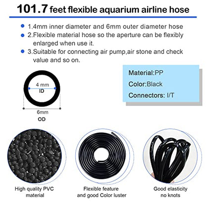 101.7 feet Black Aquarium Airline tubing 12 air Stone for Aquarium 12 Aquarium Check Value for Fish Tank 12 Aquarium Suction Cups 6 Each Aquarium air Controller and I T Hose connectors - size: 101.7 feet aquarium tubing with 55 kits