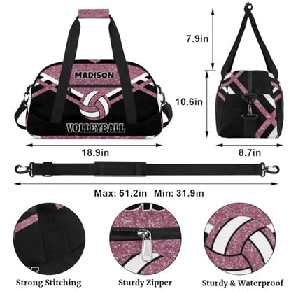 Custom Name Sports Volleyball Bag, Water Pink Glittering with Black | Gym Bag Sports Travel Duffle Bag Tote Carry On Weekend Sports Travel Bag - color: Pink Black