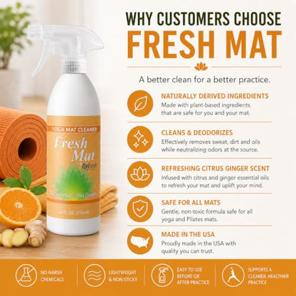 Fresh Mat Yoga Mat Cleaner Spray - Natural Deodorizing Cleaner for Yoga Mats & Fitness Equipment - No-Rinse, Residue-Free Formula with Witch Hazel & Essential Oil, Refreshing Citrus Ginger (12 fl oz). - size: 12 Fl Oz (Pack of 1)