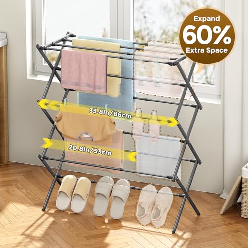 KINGBOARD 3-Tier Extendable Clothes Drying Rack, Small & Foldable, Grey | 37.4"H x 33.8"W x 11.2"D, Space-Saving Collapsible, Easy Assembly, Rust-Resistant Iron Frame, Indoor Outdoor Use, 25lb - color: Gray