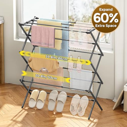 KINGBOARD 3-Tier Extendable Clothes Drying Rack, Small & Foldable, Grey | 37.4"H x 33.8"W x 11.2"D, Space-Saving Collapsible, Easy Assembly, Rust-Resistant Iron Frame, Indoor Outdoor Use, 25lb - color: Gray