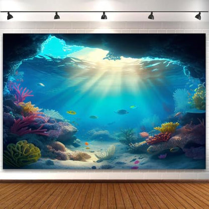 6x4ft Under The Sea Backdrop Summer Blue Ocean Fish Coral Photography Background Underwater Cave Sunlight Deep Sea Scenery Backdrops Fish Tank Background Aquarium Wallpaper Photo Booth Props