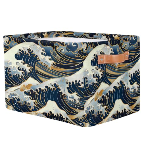 Ocean Waves Japanese Storage Basket with Handles Collapsible Storage Bins Rectangular Toy Storage Organizer Box Fabric Shelf Baskets for Nursery Bedroom Bathroom 1PC