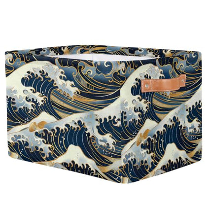 Ocean Waves Japanese Storage Basket with Handles Collapsible Storage Bins Rectangular Toy Storage Organizer Box Fabric Shelf Baskets for Nursery Bedroom Bathroom 1PC