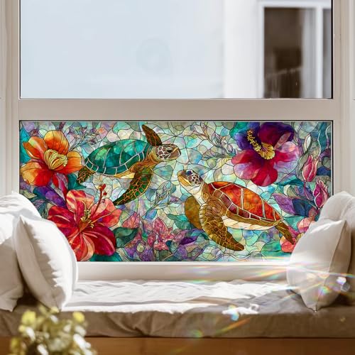 Window Film Sea Turtle Tropical Flower Design PVC Privacy Window Film for Glass Panels 39.3x17.7 Inches Bathroom Living Room Stained Glass Windows Film Static Cling Decorative Home Decor