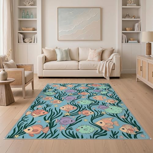 5'x7' Washable Contemporary Star Area Rug, Green Non-Shedding Pet Friendly Carpet for Small Living Room, Playroom, Bedroom, Easy Care Kids Safe Mat | Ref:1886846 - color: Blue/Pattern 48, size: 5' x 7' (Rectangular)