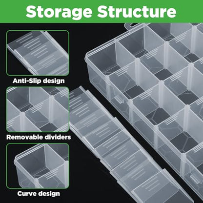 2 Pack 24 Grids Clear Plastic Bead Organizer Box, Fishing Tackle Box Compartment Organizer with Adjustable Dividers for Jewelry, Art Craft, Bead Storage Containers
