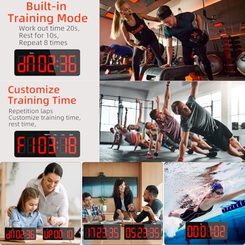 PELLOR Upgraded Gym Timer Clock for FBG/EMOM/Tabata, Interval Timer with Function Modes Display, Countdown/Up Stopwatch Clock for Sports,Home Gym,Yoga,Boxing,Garage,Office,Classroom