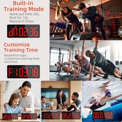 PELLOR Upgraded Gym Timer Clock for FBG/EMOM/Tabata, Interval Timer with Function Modes Display, Countdown/Up Stopwatch Clock for Sports,Home Gym,Yoga,Boxing,Garage,Office,Classroom
