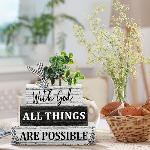 4 Pcs Farmhouse Wooden Tabletop Decor Christian Tiered Tray Decor Eucalyptus Leaves Wooden Block Sign Gift Summer Home Centerpiece Table Decoration - style: Christian