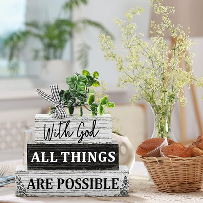 4 Pcs Farmhouse Wooden Tabletop Decor Christian Tiered Tray Decor Eucalyptus Leaves Wooden Block Sign Gift Summer Home Centerpiece Table Decoration - style: Christian