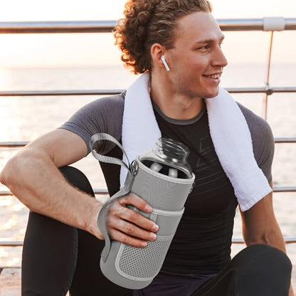 48 oz Sports Borosilicate Glass Water Bottle with Bamboo Lid with Neoprene Sleeve - color: Grey-x