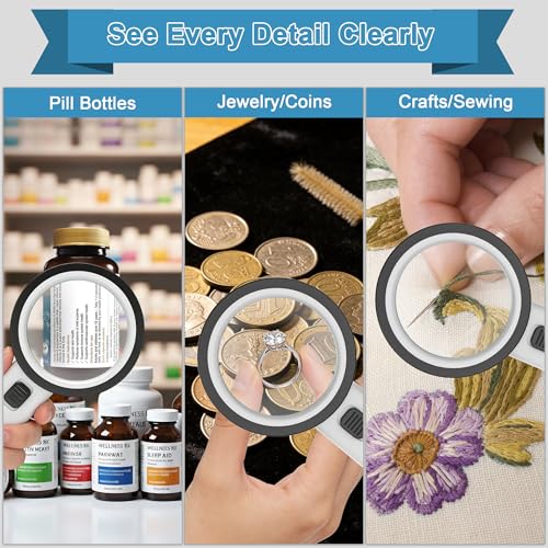 Nazano Magnifying Glass with Light, Ultra-Clear Lightweight Handheld Reading Magnifier with 12 LEDs, Distortion-Free Optical Lens for Seniors, Macular Degeneration, Close Work, Coins & Pill Bottles