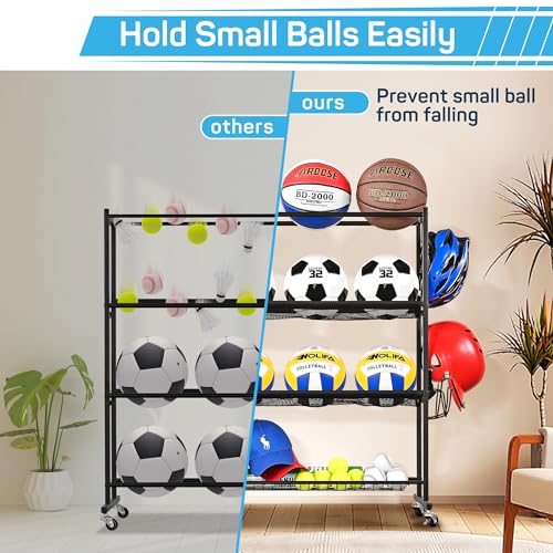 4-Tier Basketball Rack with Wheels, Ball Storage Organizer for Garage