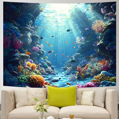 AOHMPT Underwater World Tapestry - Blue Ocean and Aquarium Tropical Fish Wall Decoration - Deep Sea Fish Wall Hanging for Bedroom, Dorm Room and Living Room 79" L x 59" W