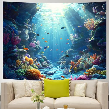 AOHMPT Underwater World Tapestry - Blue Ocean and Aquarium Tropical Fish Wall Decoration - Deep Sea Fish Wall Hanging for Bedroom, Dorm Room and Living Room 79" L x 59" W
