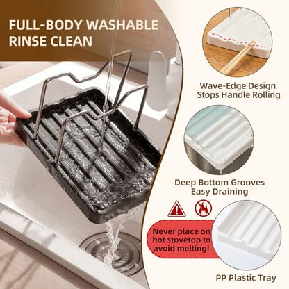 2 in 1 Pot Lid Holder & Spoon Rest for Kitchen Counter, Plastic Utensil Rest with Stainless Steel Pan Lid Holder Organizer While Cooking, Countertop Space Saving Pot Cover Rack | Easy to Clean
