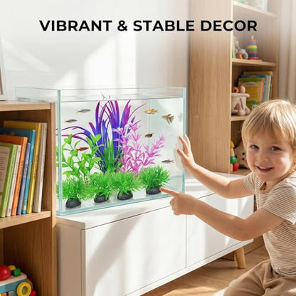 Aquatic Plants, 7pcs Vibrant Aquarium Decor Set, Realistic Plastic Water Plants Weighted Base Faux Fish Tank Greenery for Betta Goldfish Habitat and Small Tank Accessories