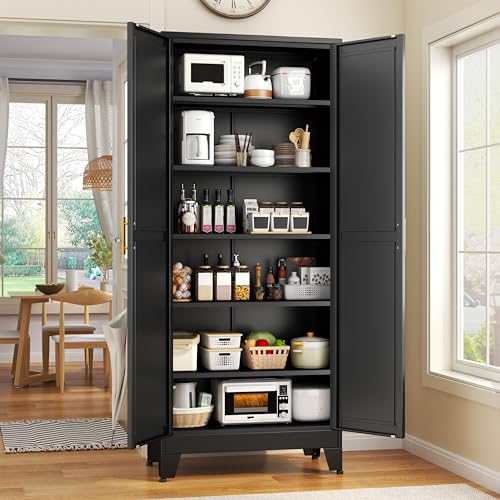 75.2" Tall Storage Cabinet, Pantry Storage Cabinets with 2 Door and 5 Adjustable Shelves, Black Kitchen Food Cabinet, Metal Utility Cabinets for Kitchen, Dinning Room, Laundry Room - color: Black, size: 15.7"D x 31.5"W x 75.2"H