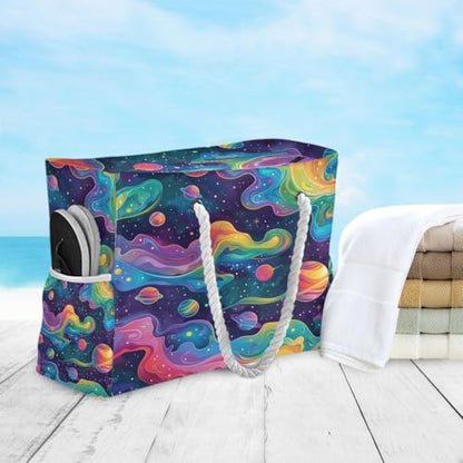 senya Large Beach Bags Totes Canvas Tote Shoulder Bag Soft Wave Water Resistant Bags for Gym Travel Daily Ocean - color: Rainbow Planet Dream