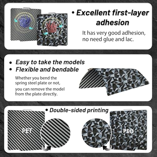 JUUPINE 3D Printer Build Plate Smooth PEO+Smooth PET 257x257mm Spring Steel Sheet for Bambu Lab P2S/X2D/X1/X1C/X1E/P1P/P1S/A1 Heat Bed for Bambu lab X2D Build Plate (Carbon Fiber + Diamond Pattern) - color: Small smooth PEO+Smooth PET