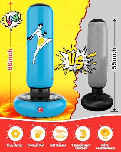 QPAU Inflatable Punching Bag for Kids with Boxing Gloves, 66 in, Blue