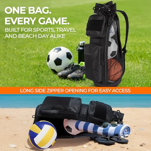 Mesh Sports Equipment Ball Bag with Shoulder Strap & Side Zipper | Heavy Duty Mesh, Side Zipper Access & Large Ball Capacity for Soccer, Basketball, Volleyball, Football, Training & Team Gear