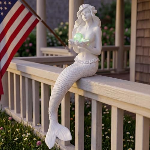 9.6" Mermaid Statues Outdoor, Timeless Moments for Fairy Tales, Pond Ornaments, Poolside Garden Decor, Koi Fish Pond, Unique Fisherman Gifts (White) - color: White Mermaid