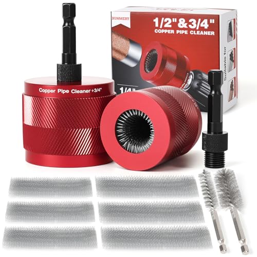 Copper Pipe Cleaner for Drill, Plumbing Tools Set 1/2" & 3/4" with 1/4" Hex Shank & 6 Brush Blades & 2 Pipe Brush, for Removing Rust, Stains & Paint from Copper & Metal Pipes, Red, Metal Cleaning Kit - color: Red, size: 1/2" & 3/4"
