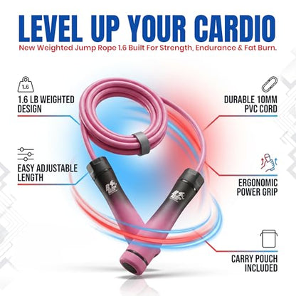 Buddy Lee Weighted Jump Rope 1.6 lbs – Heavy Duty PVC Fitness Jump Rope for Adults with Adjustable Length & Carry Pouch - color: Black/Pink