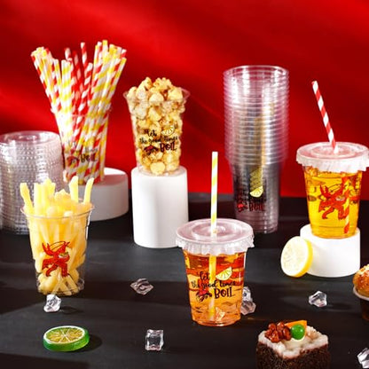 Domensi 50 Pack 12oz Crawfish Boil Plastic Cups with Straws, Disposable Seafood Party Supplies for Lobster Feast, Cajun Style Birthday Table Decorations, Bulk Low Country Picnic Drinkware Favors