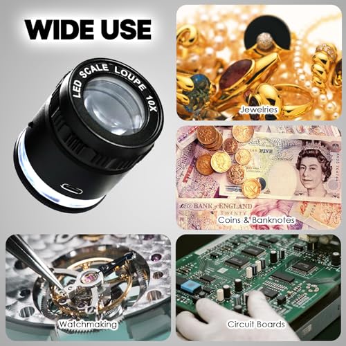 10X Jewelry Loupe with 5 LED & 5 UV Lights, Rechargeable Handheld Magnifier, Adjustable Focus K9 Optical Glass Lens for Coins, Stamps, Diamonds, and Professional Precision Inspection