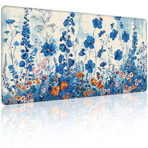 35.4 x 15.7 in, XXL Large Mouse Pad for Desk, Extended Keyboard Mouse Mat for Computer Office, Big Mouse pad with Stitched Edges, Gaming Pc-Blue Flower and Weeds - color: Blue Flower and Weeds