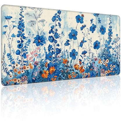 35.4 x 15.7 in, XXL Large Mouse Pad for Desk, Extended Keyboard Mouse Mat for Computer Office, Big Mouse pad with Stitched Edges, Gaming Pc-Blue Flower and Weeds - color: Blue Flower and Weeds