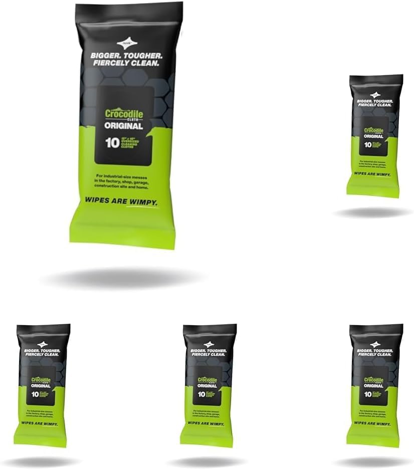Crocodile Cloth Industrial Hand & Tool Cleaning Wipes - Heavy-Duty 10" x 15" Size Multi-Surface Cleaning Wipes, 10 Count Per Package. Water Based Solution with Extreme Cleaning Power. Safe on Skin. - size: 10 Count (Pack of 5)