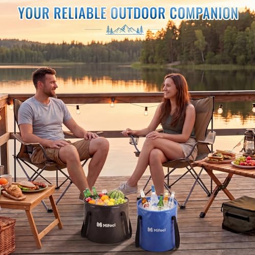 2 Pcs Collapsible Bucket 5 Gallon and 8 Gallon with Handle Portable Foldable Bucket for Camping Fishing Sturdy Leakproof Collapsible Cleaning Buckets for Car Wash RV Outdoor (Black,Dark Blue)