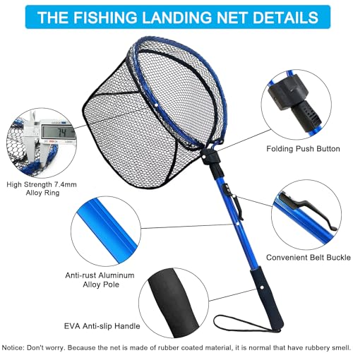 LBW Collapsible Fishing Net with Handle, Folding Kayak Net for Freshwater or Saltwater, Trout Catfish Bass Compact Rubber Landing Net - color: No Telescopic Pole