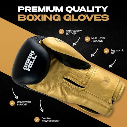 Green Hill Legend Leather Boxing Gloves for Men & Women - color: Black/Golden, size: 16 Oz